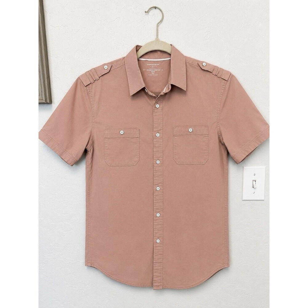 paperdenim&cloth Men's Slim Fit Stretch Short Sleeve Button-Up Shirt Pink M